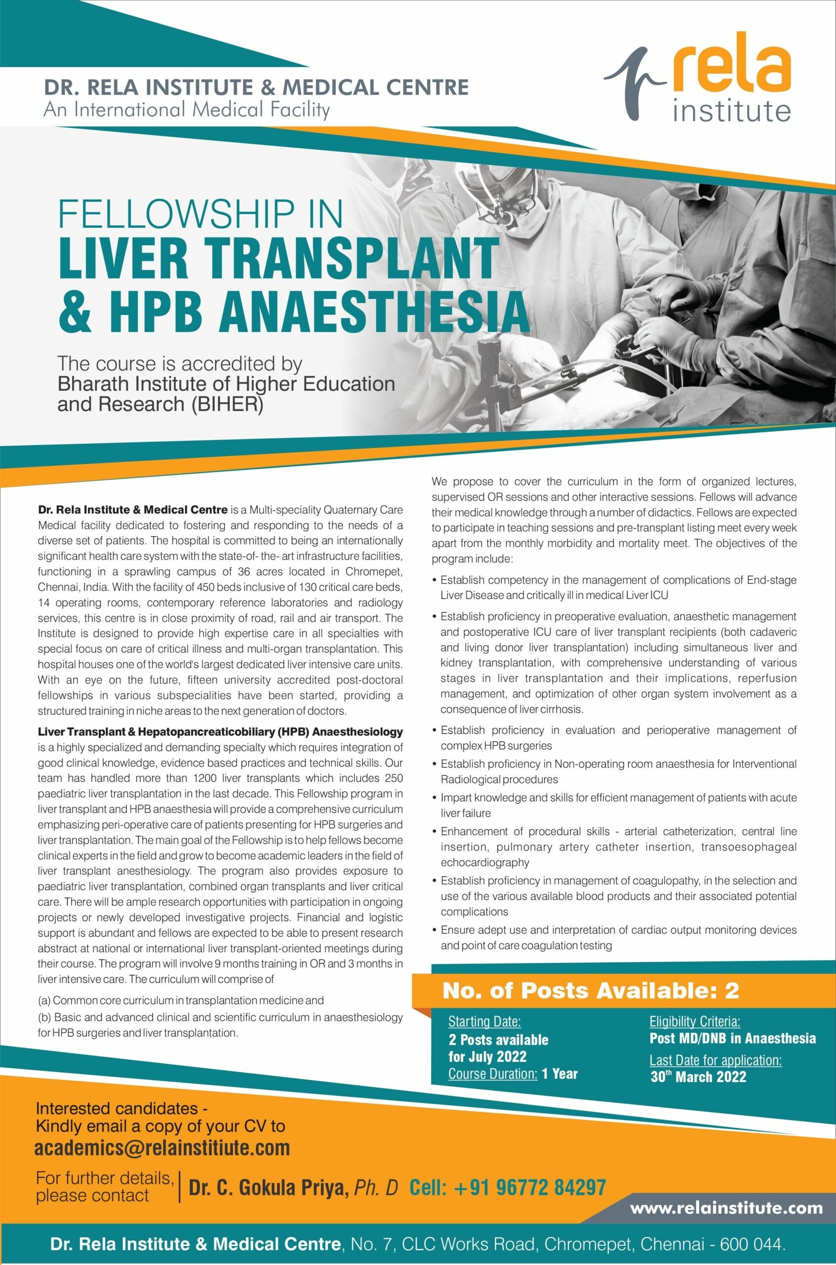 Fellowship in Liver Transplant & HPB Anaesthesia