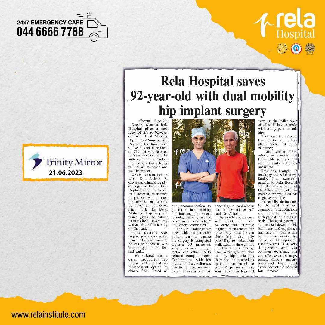 Rela Hospital gives a new lease of life to 92-year-old man with Dual Mobility Hip Implant Surgery
