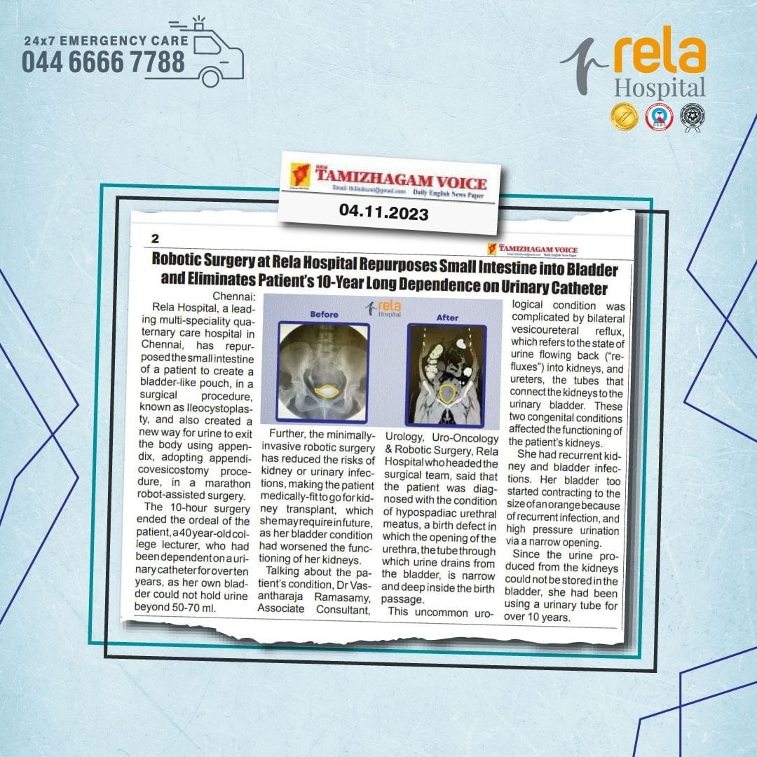 Robotic Surgery at Rela Hospital Repurposes Small Intestine into Bladder and Eliminates Patient’s 10-Year Long Dependence on Urinary Catheter